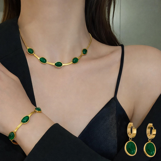 Oval Green Crystal Pendant Necklace Set With Bracelet